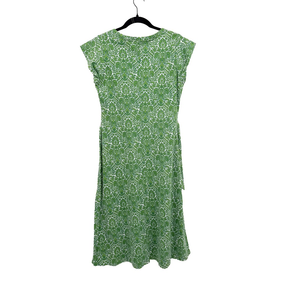 Talbots Dress Women Small Petite Green Damask Print Sleeveless Knit Midi Belted